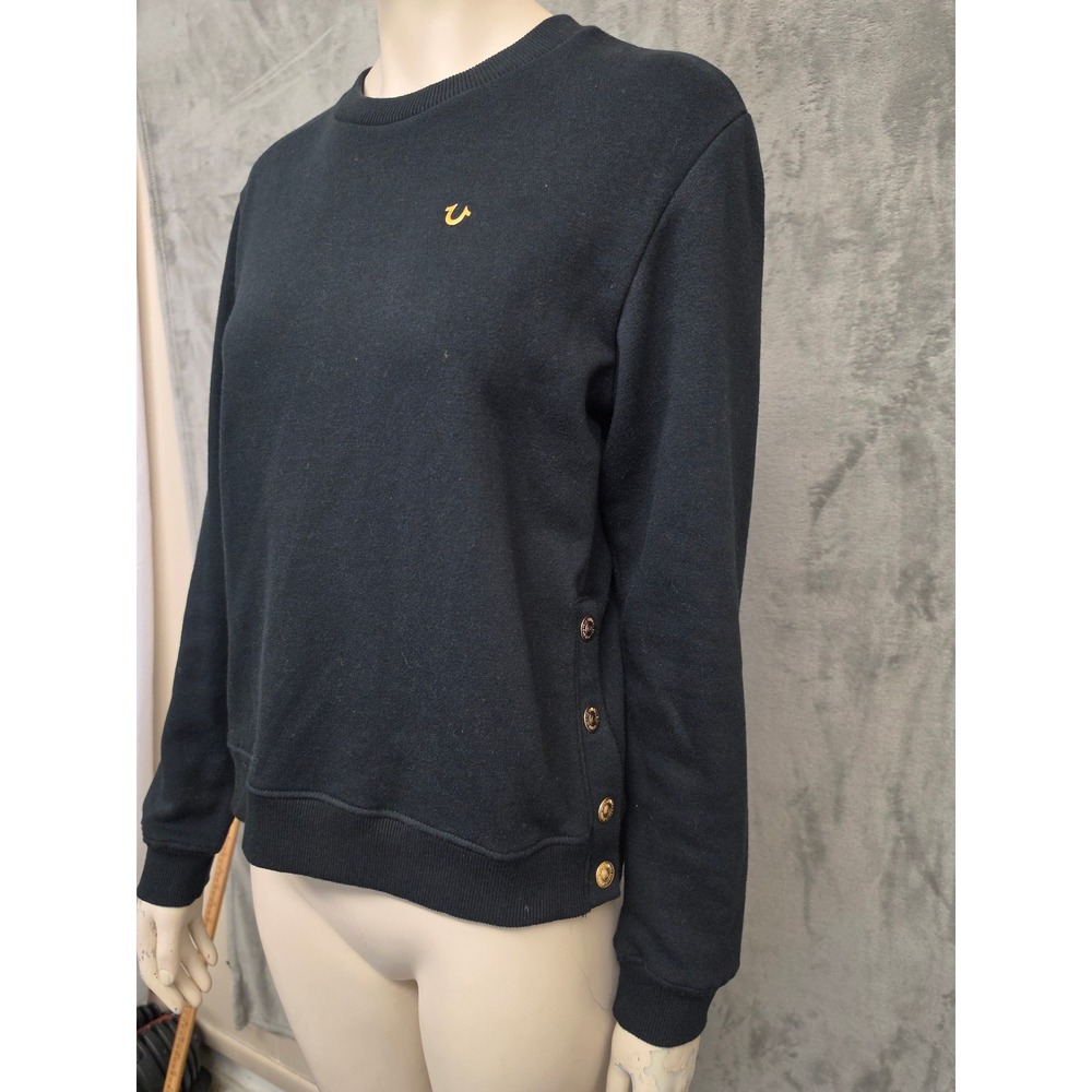 True Religion Womens Black Gold Horseshoe Logo Side Snap Sweatshirt XS